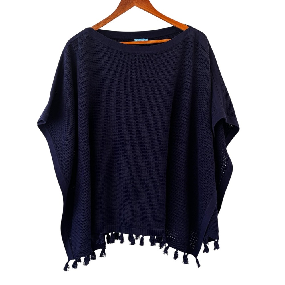 J McLaughlin Cape Poncho Sweater Womens OS Navy Blue Fringe Preppy Travel